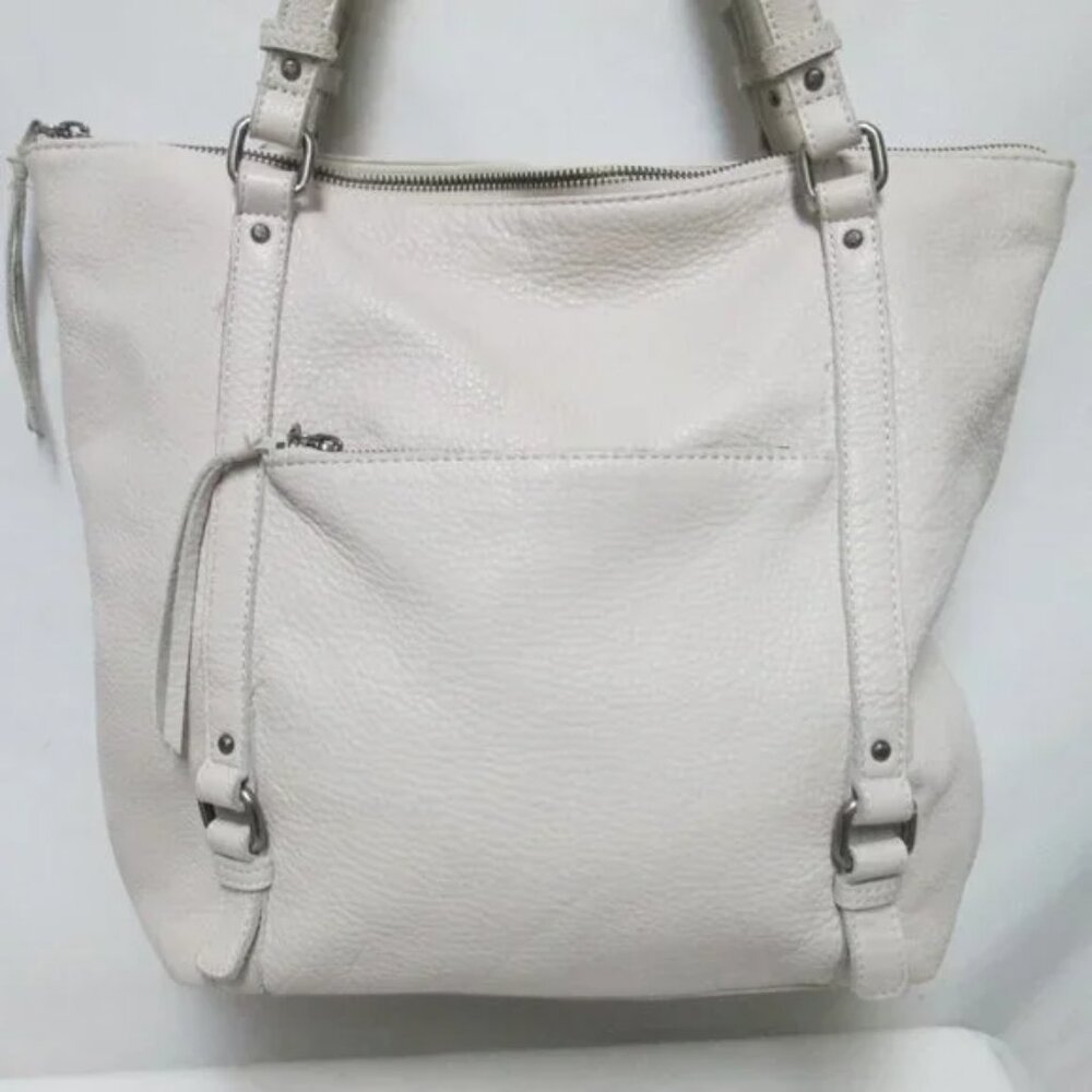 The SAK Happy & Free pebbled Leather Shoulder tote bag purse zip top cream large